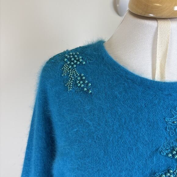 Lord & Taylor 80s Angora Teal Beaded Floral Fuzzy Sweater M - Picture 3 of 15